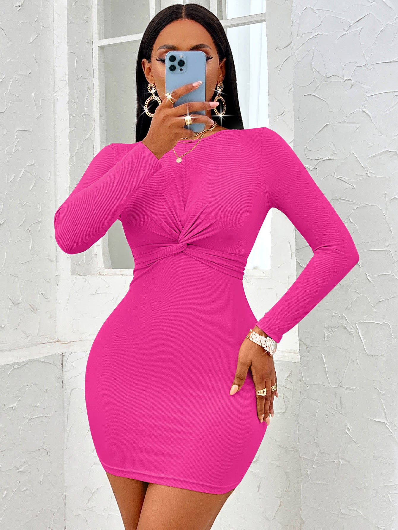 Solid Color Twist Long Sleeve Dress