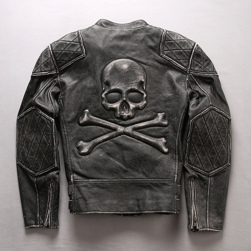 Men's Distressed Stand Collar Cropped Slim Leather Jacket