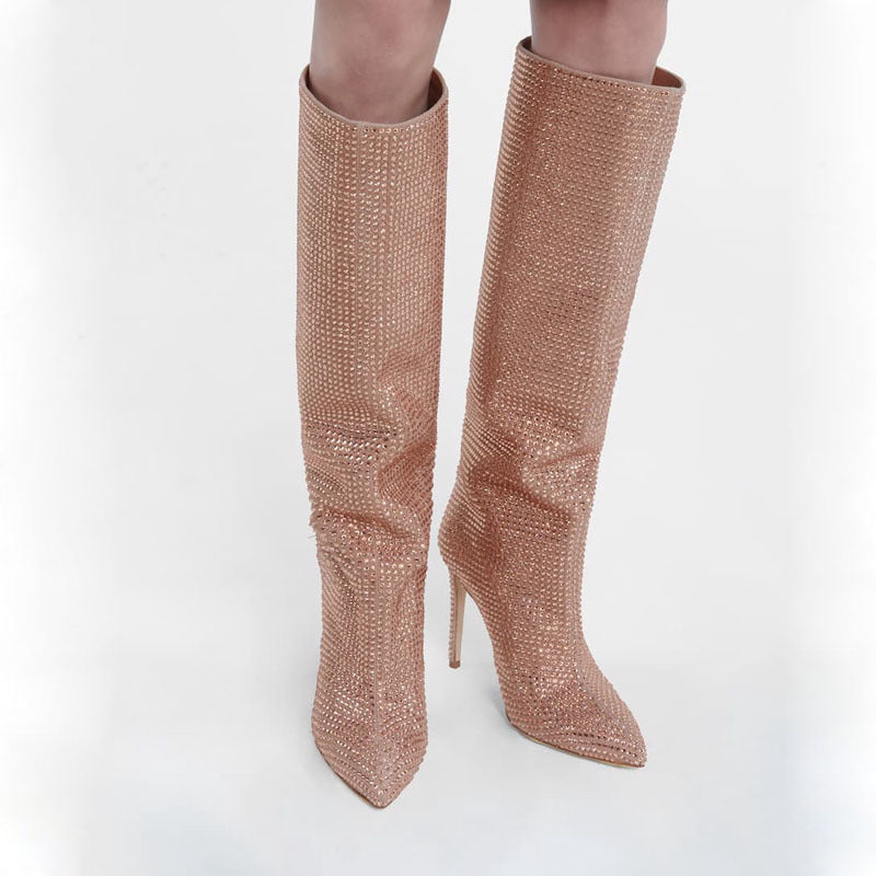 Pointed Toe Cashmere Solid Color Women's Rhinestone Stiletto High Heel Knee Boots