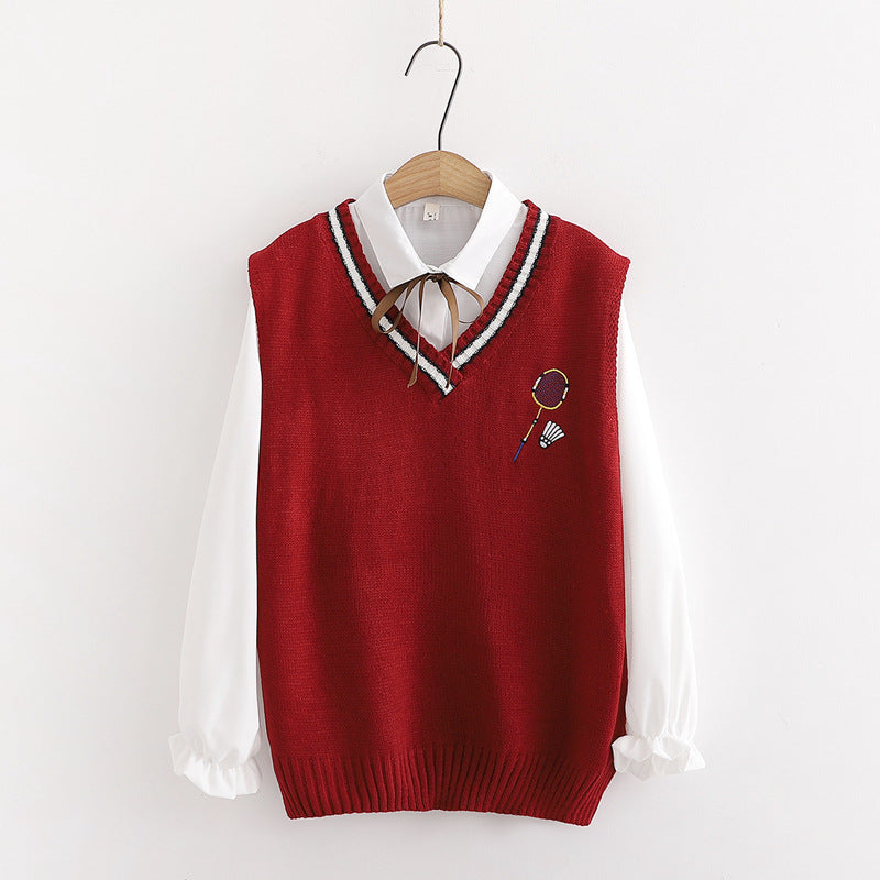 badminton-embroidery-knit-vest-ruffle-tie-shirt