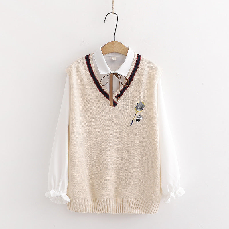 badminton-embroidery-knit-vest-ruffle-tie-shirt