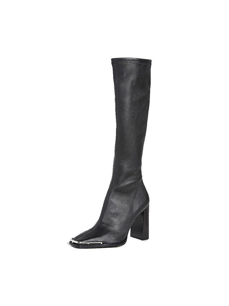Chunky Heel Leather Slim Out Knee Boots