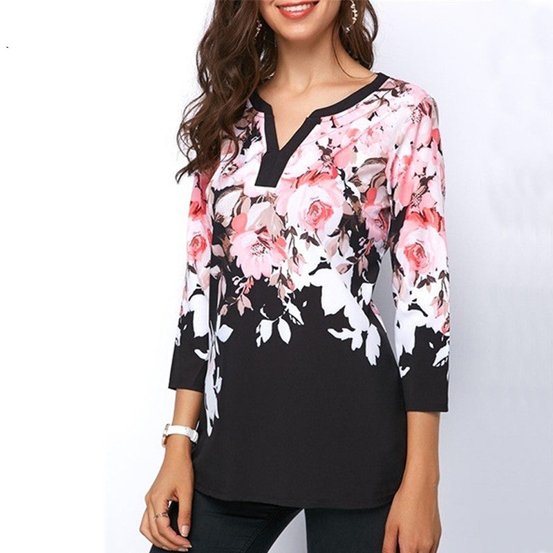 Europe and America printed V-neck blouse