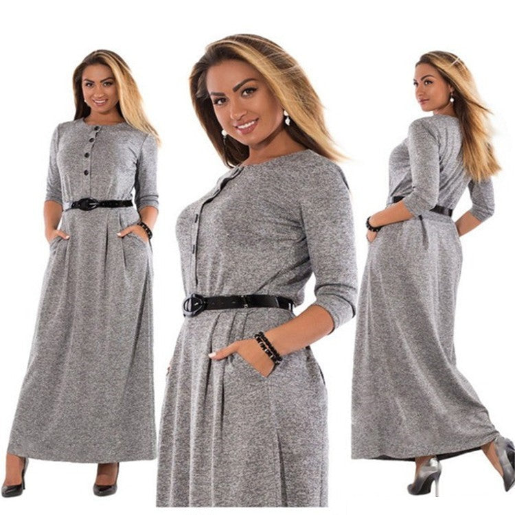 Plus-Size Autumn Dress with Belt and Long Sleeves