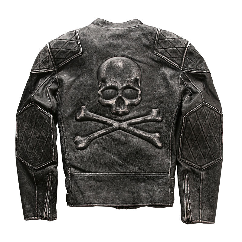 Men's Distressed Stand Collar Cropped Slim Leather Jacket