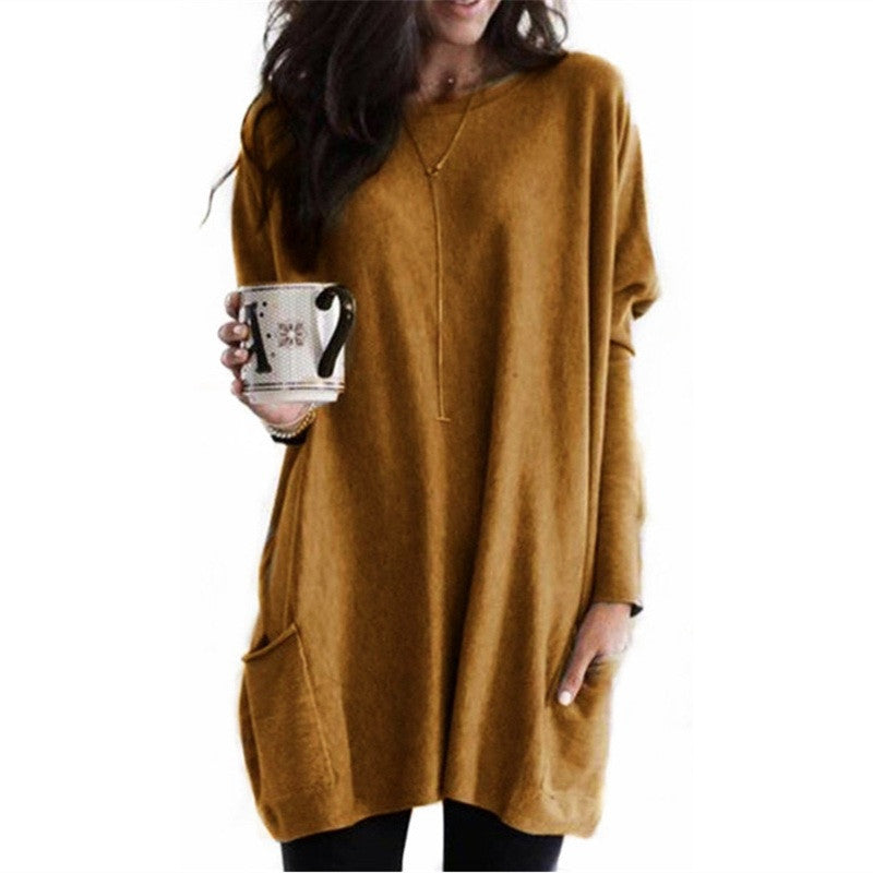 New Autumn Long Sleeve Casual Pocket T-shirt Top For Women