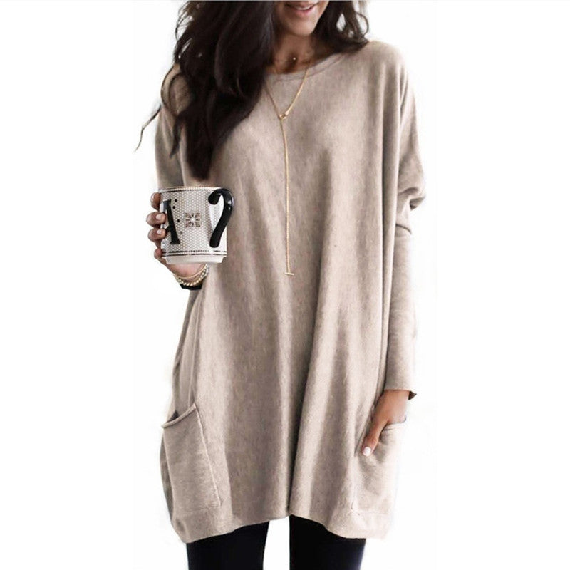 New Autumn Long Sleeve Casual Pocket T-shirt Top For Women