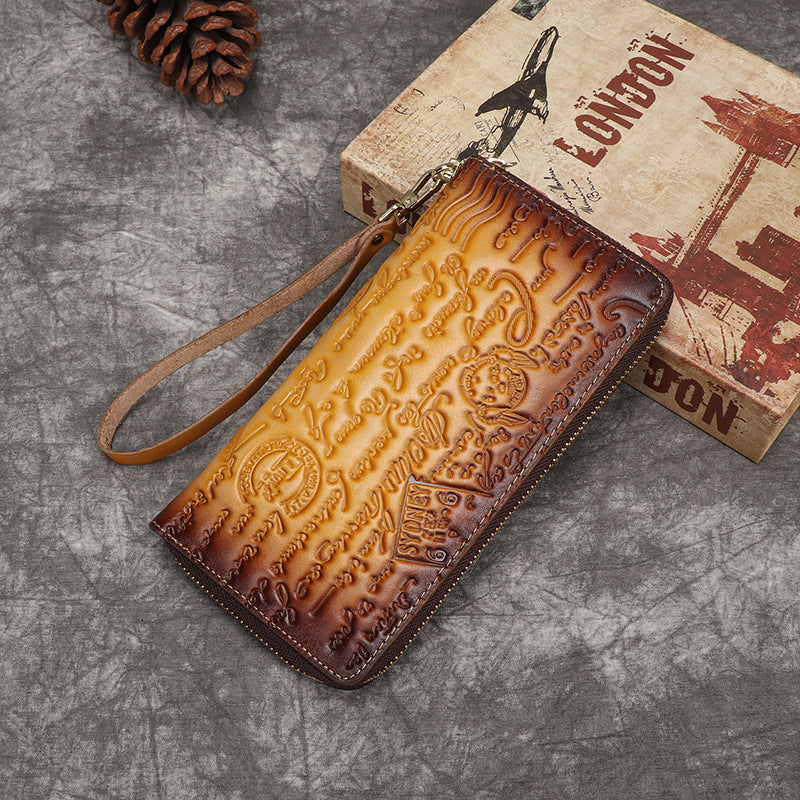 First Layer Cowhide Embossed Vintage Clutch Women's Wallet