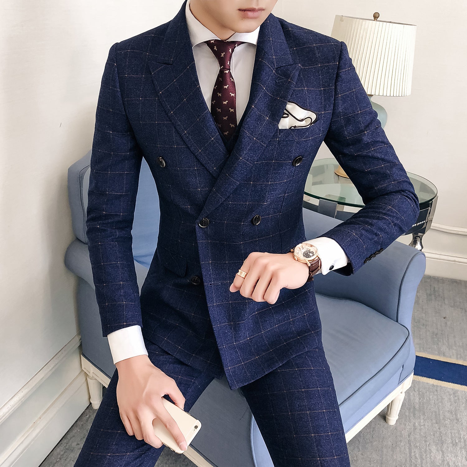 Hair Stylist Suit Three-Piece Korean Style Men's Plaid Slim Suit
