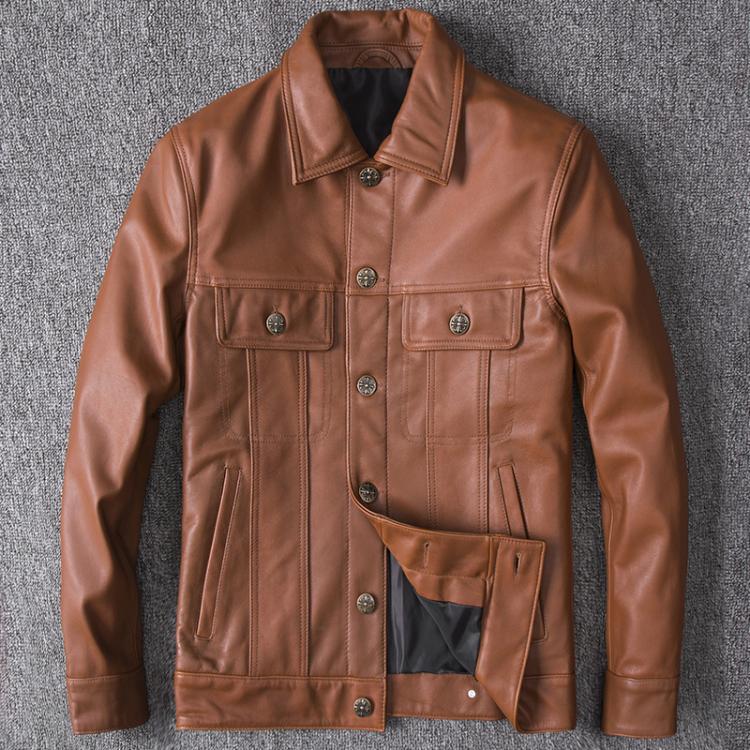 Top Layer Cowhide Leather Single-Breasted Men's Lapel Jacket Leather Jacket