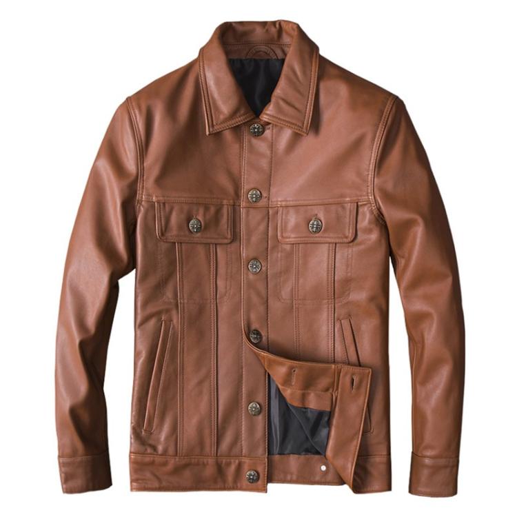 Top Layer Cowhide Leather Single-Breasted Men's Lapel Jacket Leather Jacket