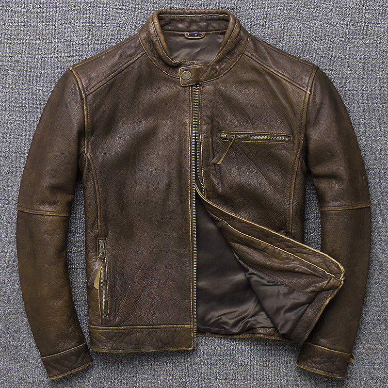 Top Layer Cowhide Leather Men's Stand-up Collar Leather Jacket