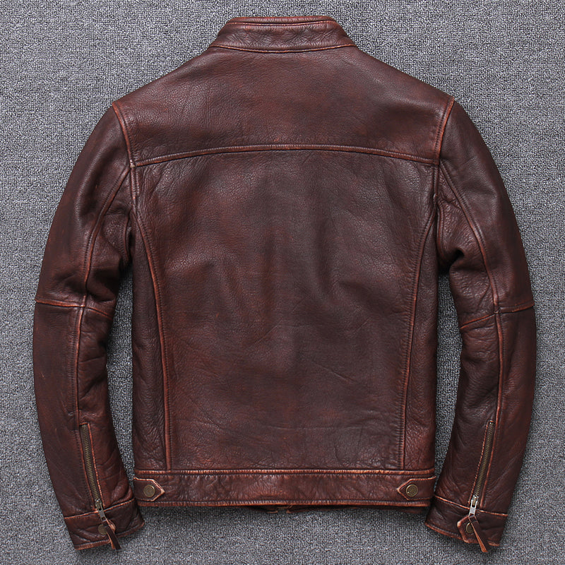 Top Layer Cowhide Leather Men's Stand-up Collar Leather Jacket