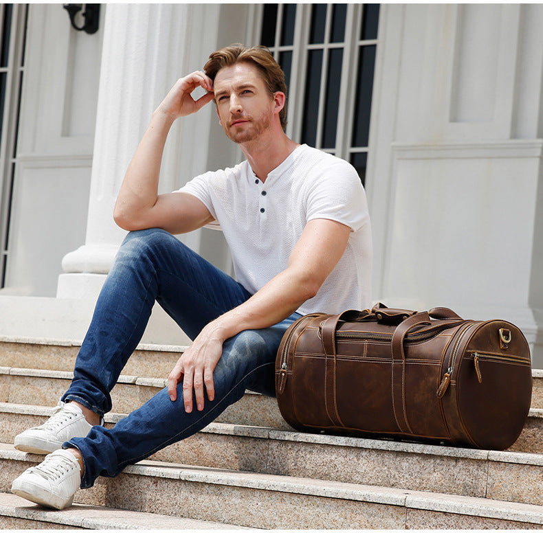 Trendy Cow European And American Retro Men's Leather Travel Bag Large-Capacity Leisure Gym Bag Crazy Horse Leather Travel Bag Portable
