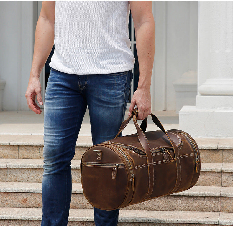 Trendy Cow European And American Retro Men's Leather Travel Bag Large-Capacity Leisure Gym Bag Crazy Horse Leather Travel Bag Portable