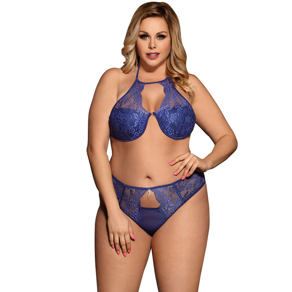 Comeondear Transparent Lace Lingerie Set with Sexy Bra and Halter in Blue for Women