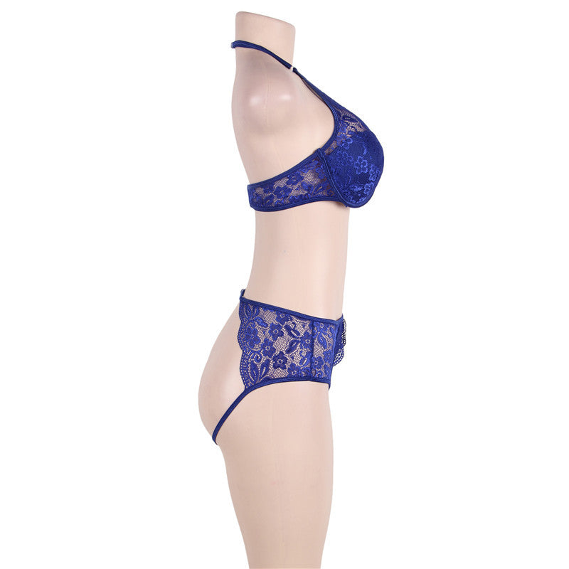 Comeondear Transparent Lace Lingerie Set with Sexy Bra and Halter in Blue for Women