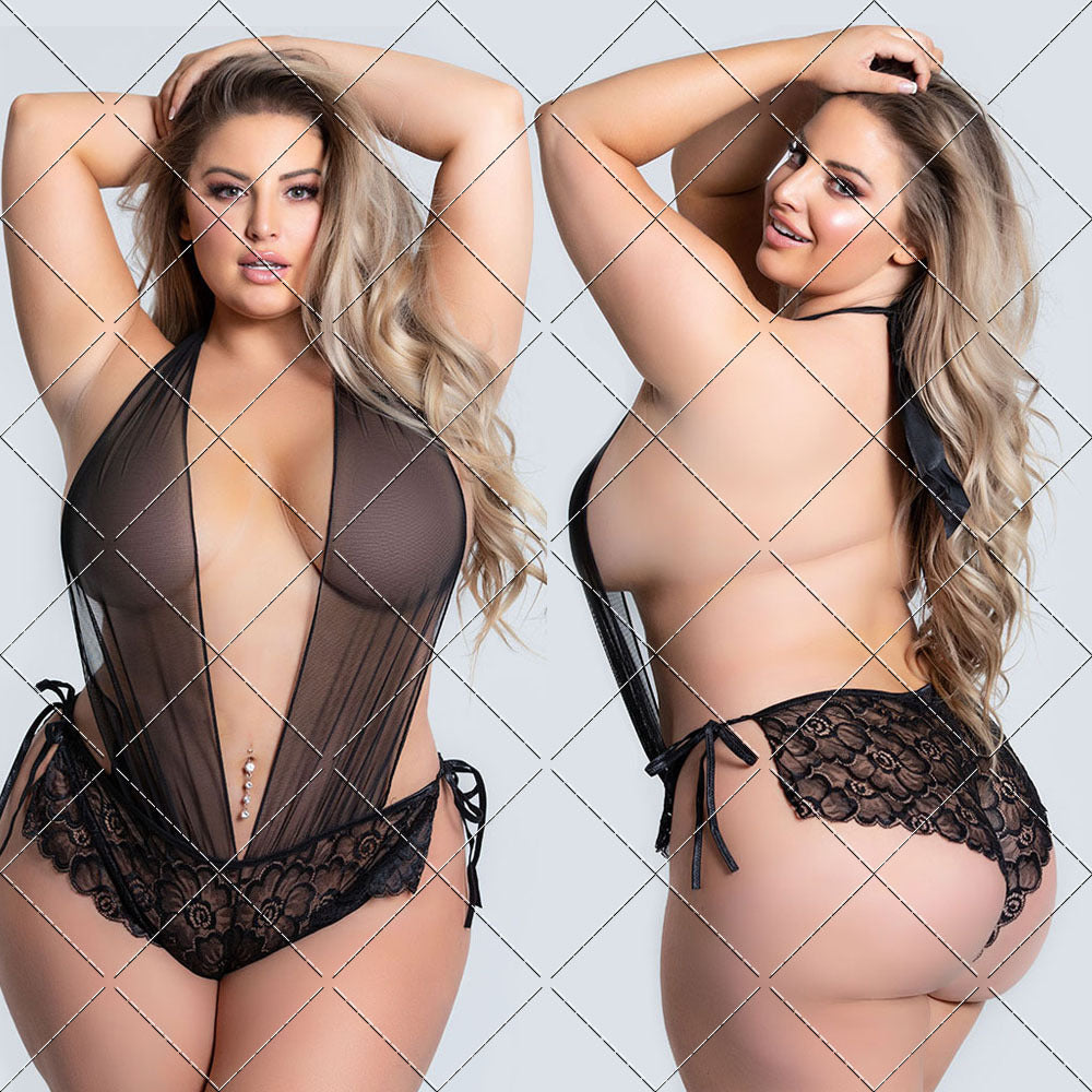 Large Size Sexy Lingerie Women Lace See-Through Sexy One-Piece Tights Nightdress