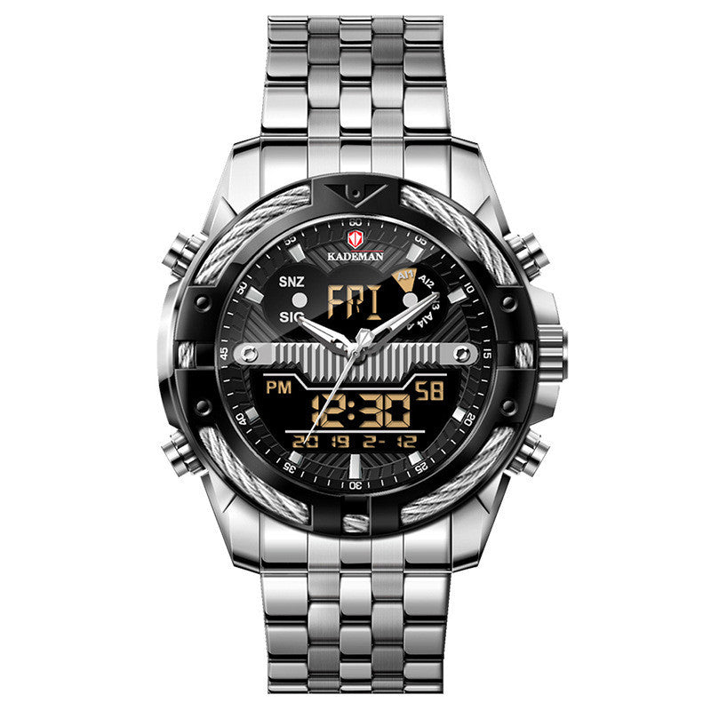 Men'S Watch Dual Movement Backlight Alarm Clock Waterproof Steel Band Watch Alloy Electronic Watch