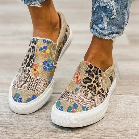 Large Size Women's Shoes Snake Skin Stitching Printed Flat Canvas Shoes Women