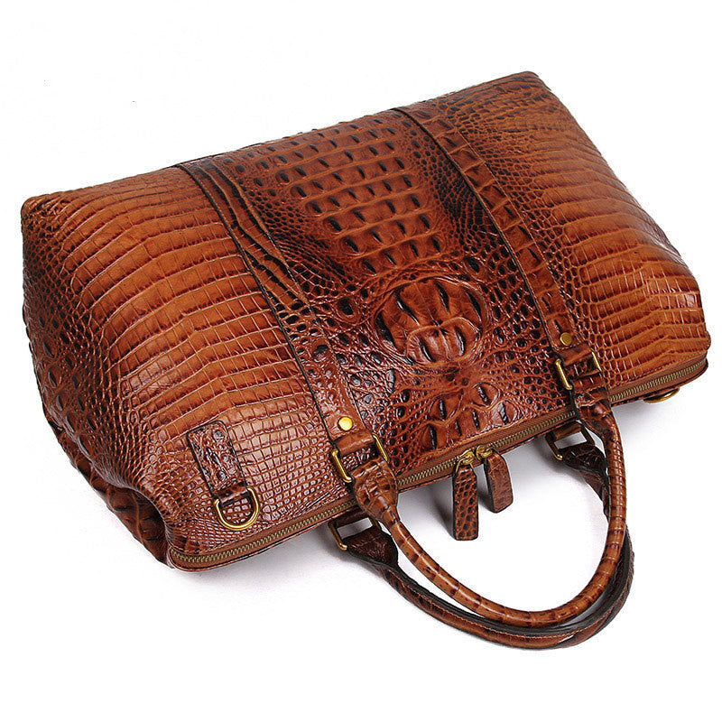 Brown Croc Print Real Leather Duffle Bag For Weekend Traveling