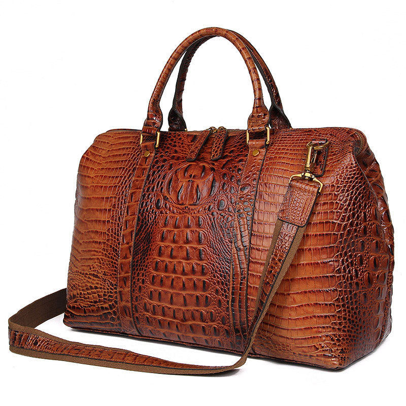 Brown Croc Print Real Leather Duffle Bag For Weekend Traveling