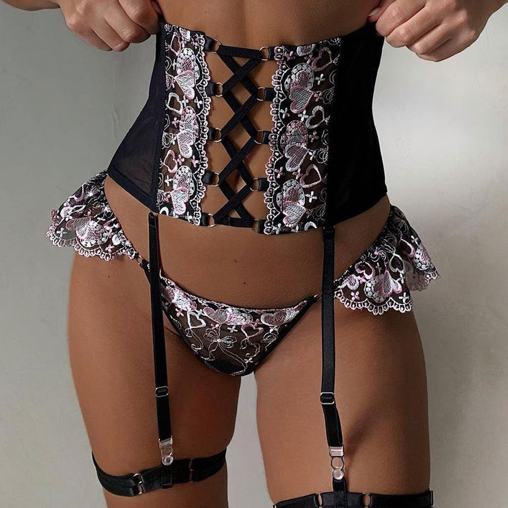 Sexy Lingerie Three-Piece Love Embroidery