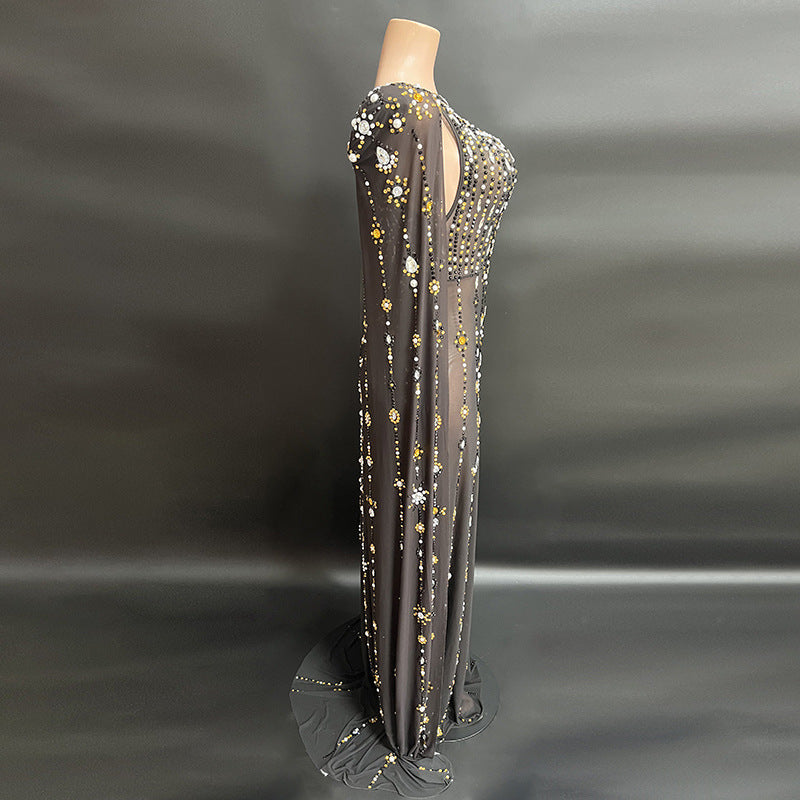 new-long-sleeve-dress-shiny-diamond-black-lady-sexy-mopping-evening-dress
