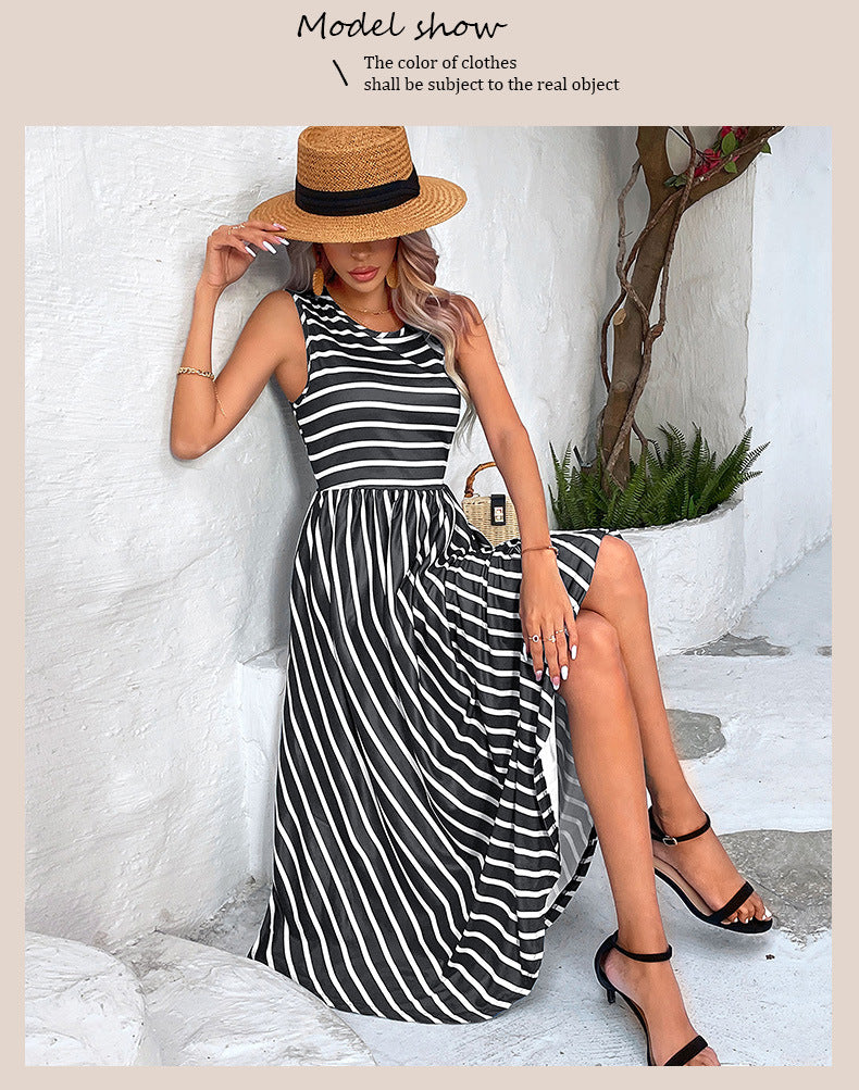 Summer Round Neck European And American Striped Sleeveless Dress
