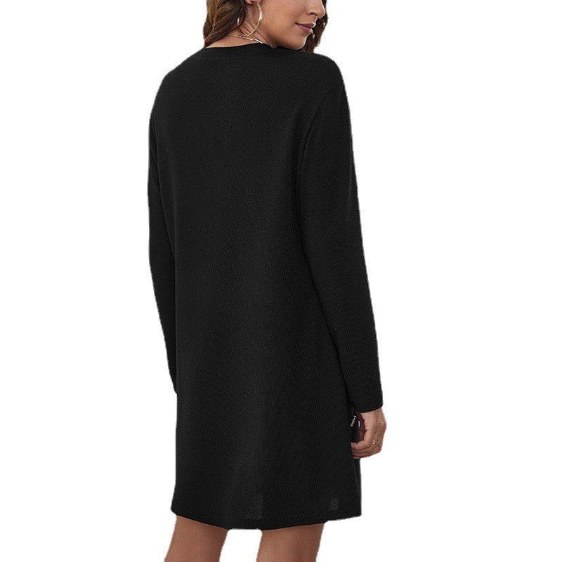 Button Long Sleeve Slim Solid Color Dress