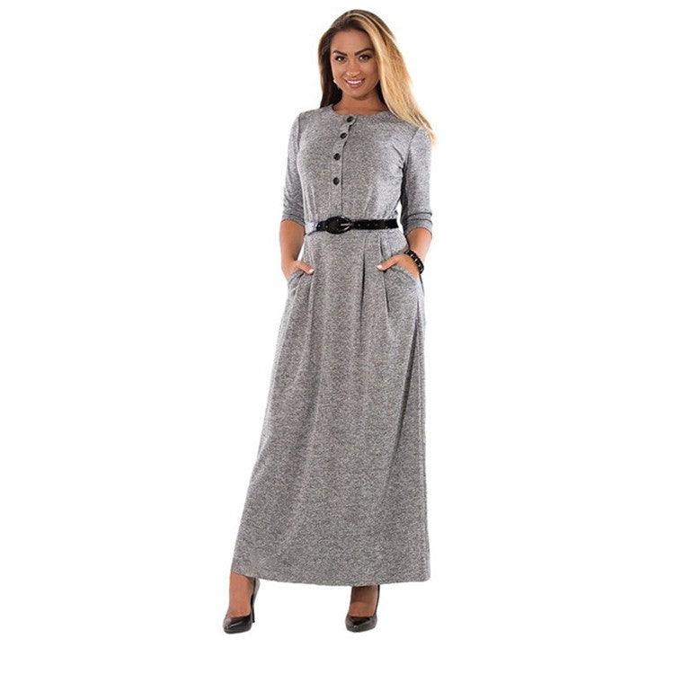 Plus-Size Autumn Dress with Belt and Long Sleeves