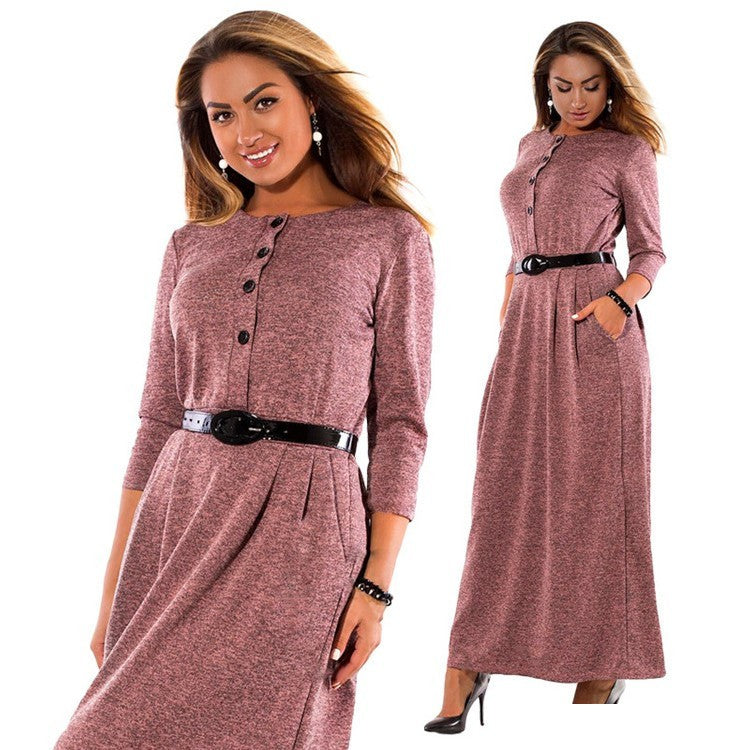 Plus-Size Autumn Dress with Belt and Long Sleeves