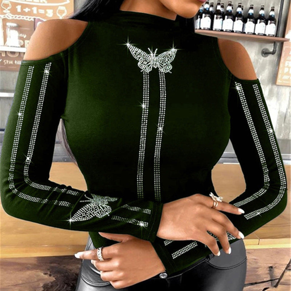 Women's Butterfly-studded Solid Color Strapless Long-sleeved Top