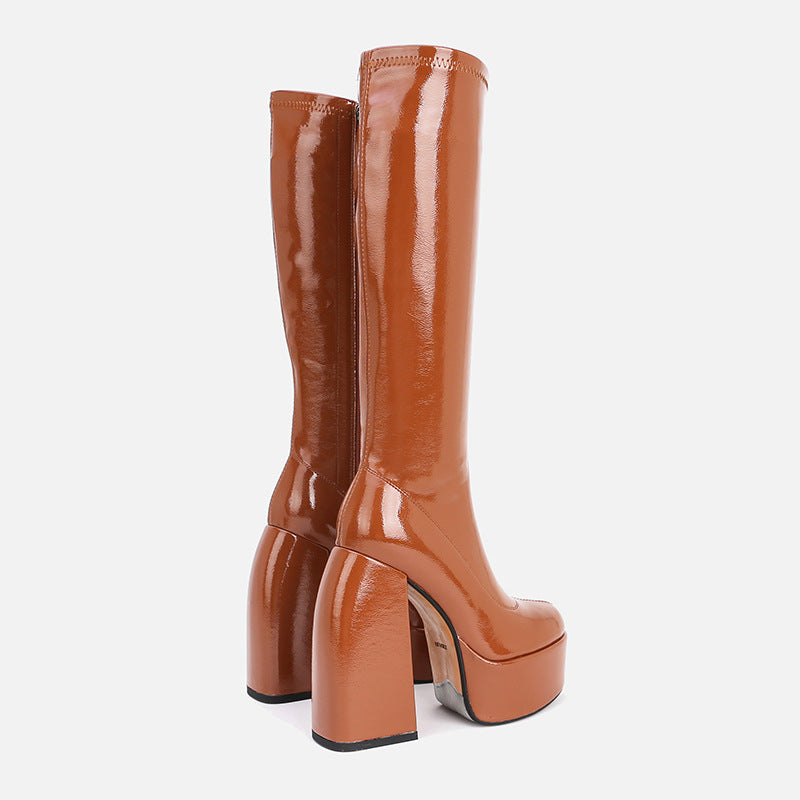 Tall Chunky Heel Round Toe Platform Stretch Boots Above Knee