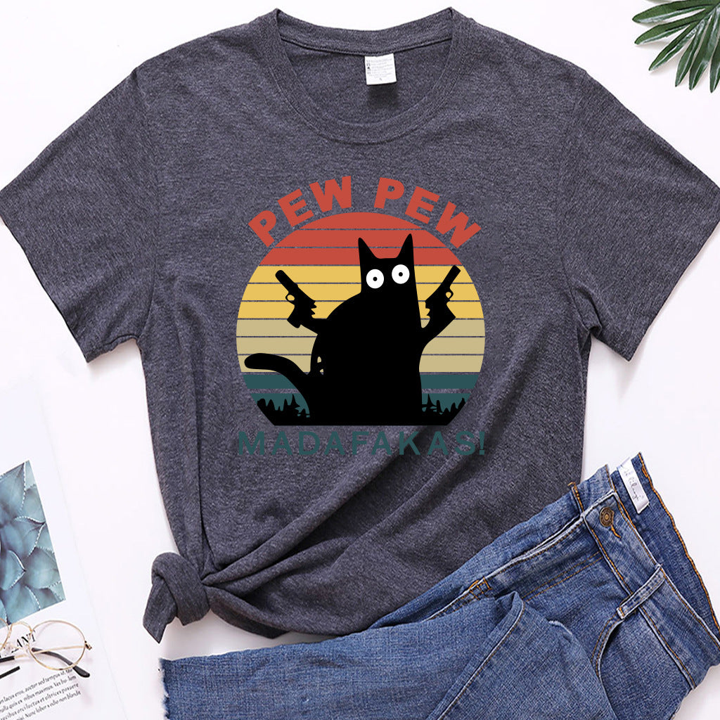 Letter Cat Novelty Print Round Neck T-Shirt Short Sleeve