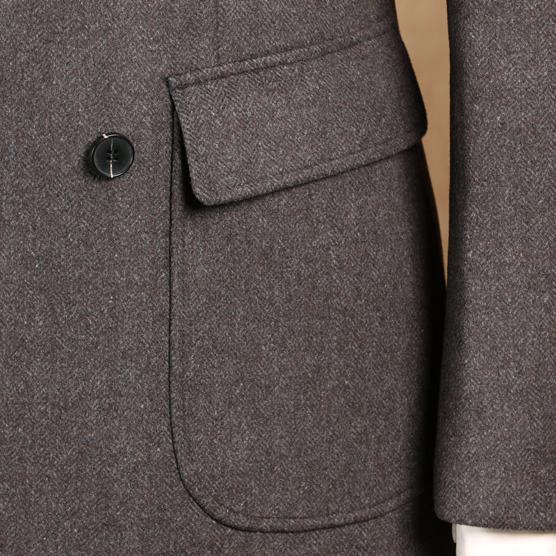 Herringbone Woolen Slim Fit Men's Mid Length Double Breasted Coat