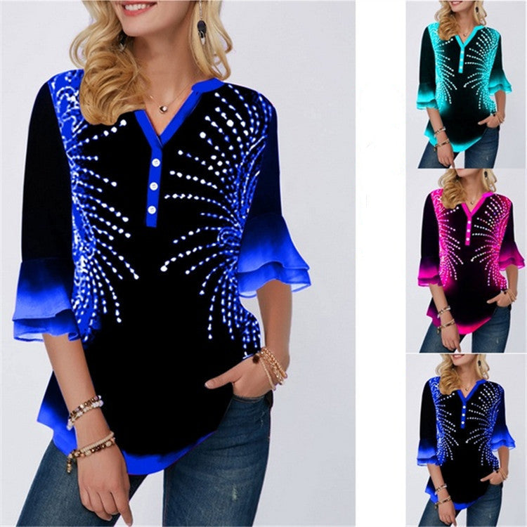 V-neck print flared sleeve chiffon top