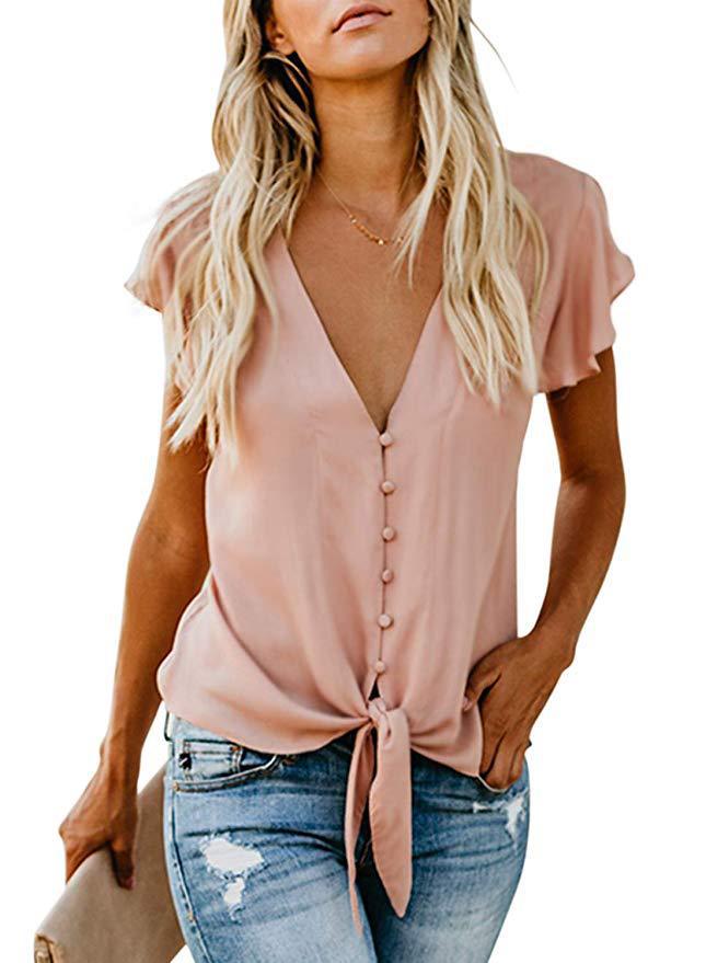 Women Buttoned V-neck top Ruffled sleeves knotted