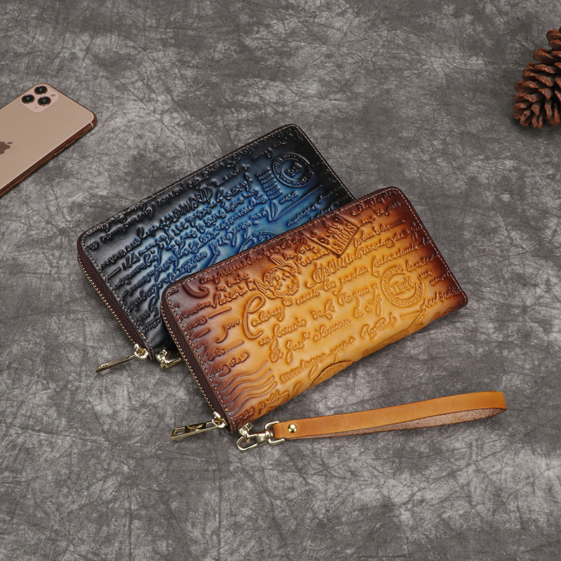 First Layer Cowhide Embossed Vintage Clutch Women's Wallet