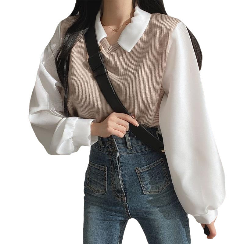 Patchwork Long Sleeve Loose Contrast Color And Versatile Top