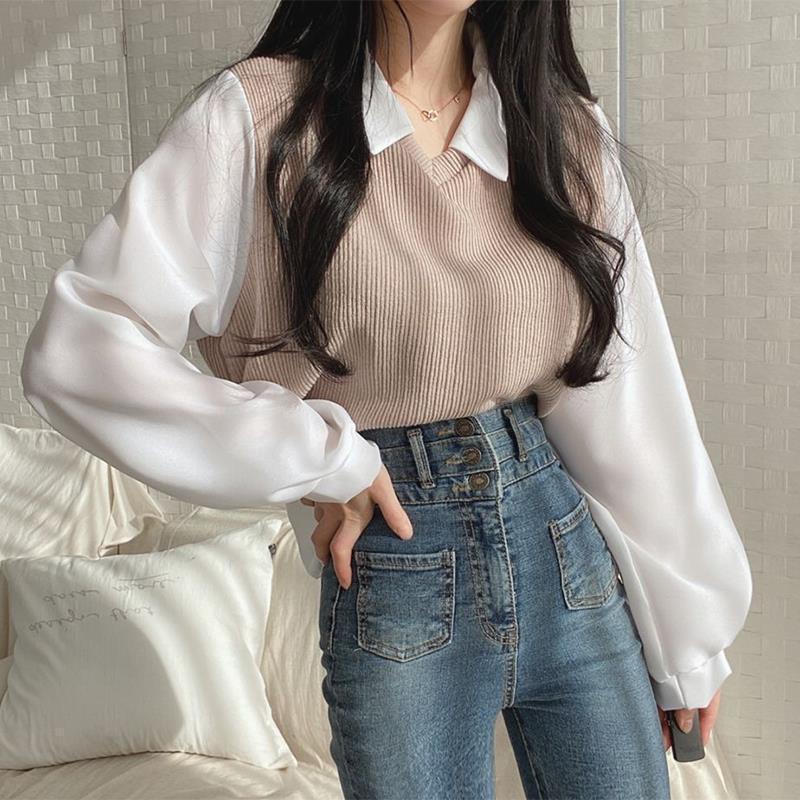 Patchwork Long Sleeve Loose Contrast Color And Versatile Top