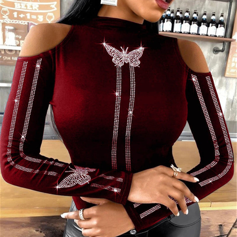 Women's Butterfly-studded Solid Color Strapless Long-sleeved Top