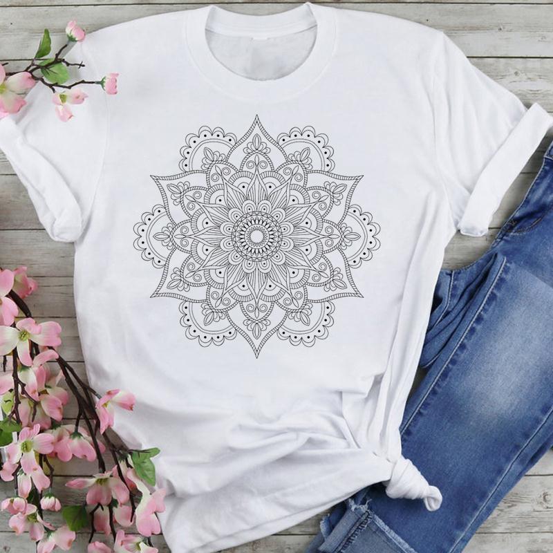 T-shirt Women's Printed Short Sleeve Datura Flower Floral Print White Round Neck
