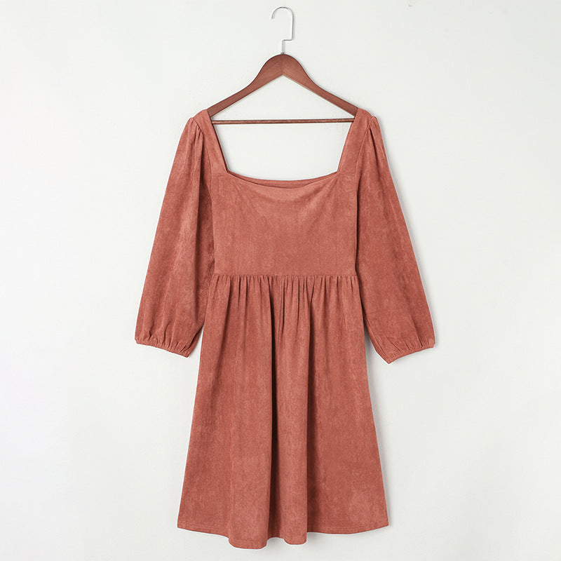 suede-european-and-american-autumn-solid-color-square-collar-puff-sleeve-waist-dress