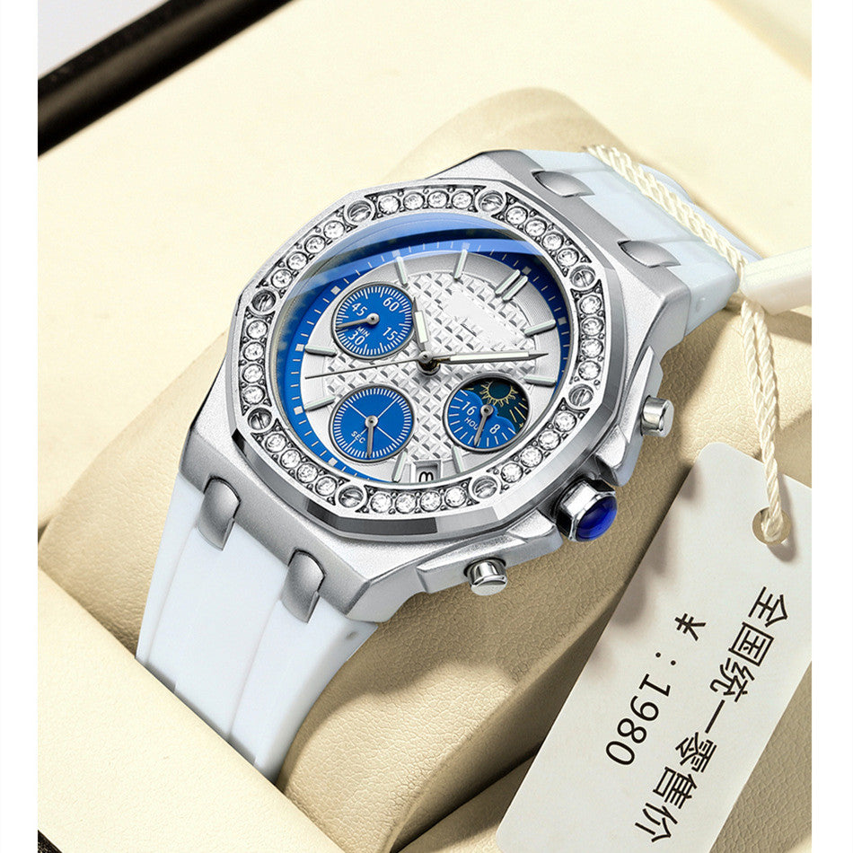 Multi-functional Women's Watch Moon Timing Three-Eye Diamond