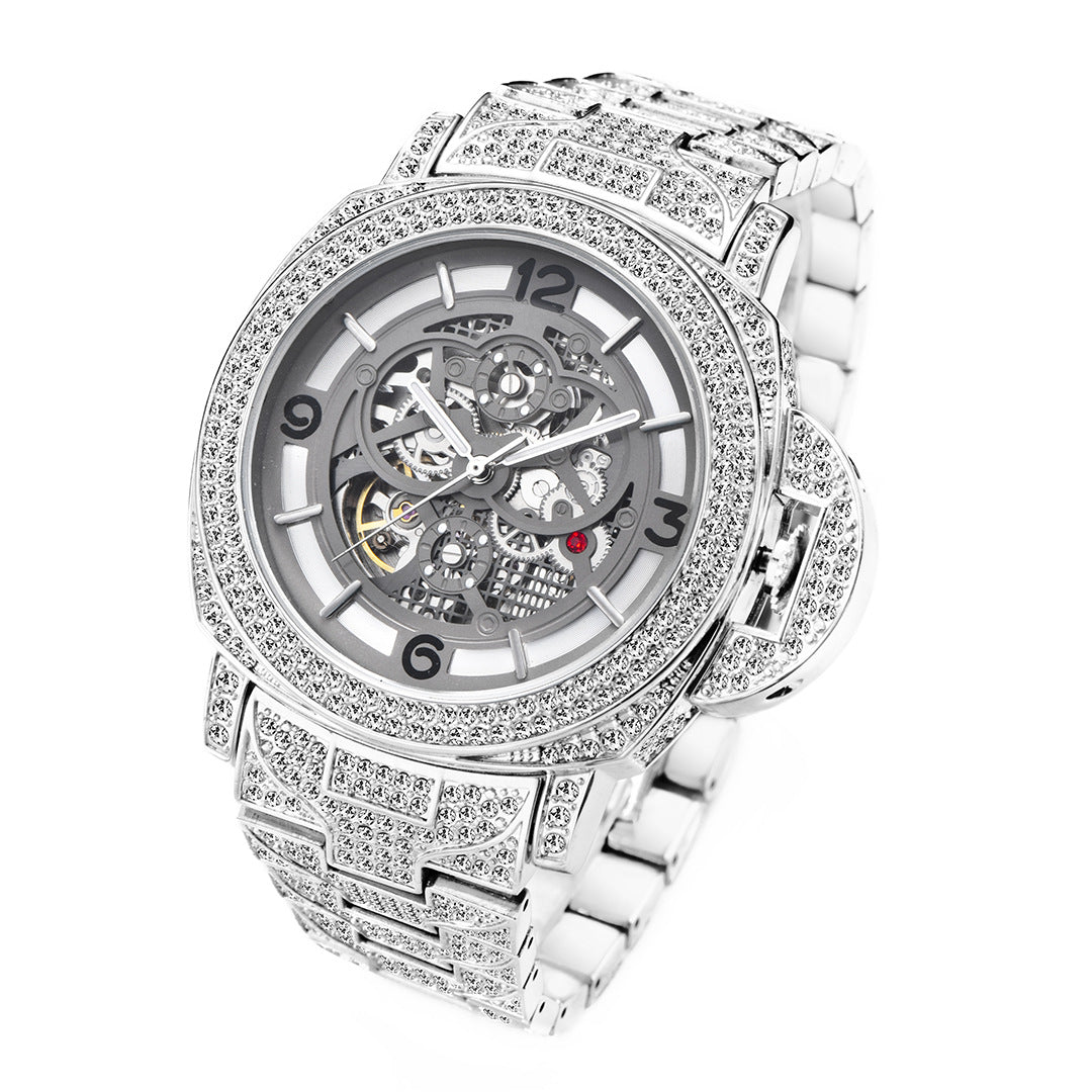 Men's Full Diamond Luminous Hollow Out Bottom Mechanical Watch