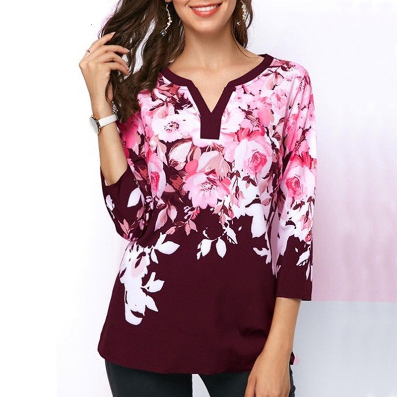 Europe and America printed V-neck blouse