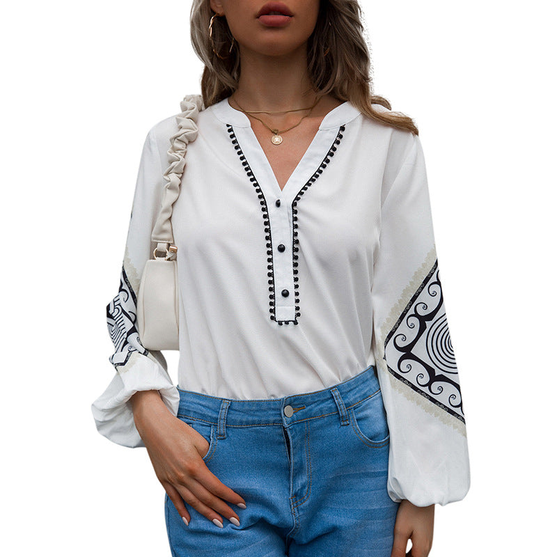 V-neck Flared Sleeves Top Single-breasted Geometric Printed Loose Long Sleeves