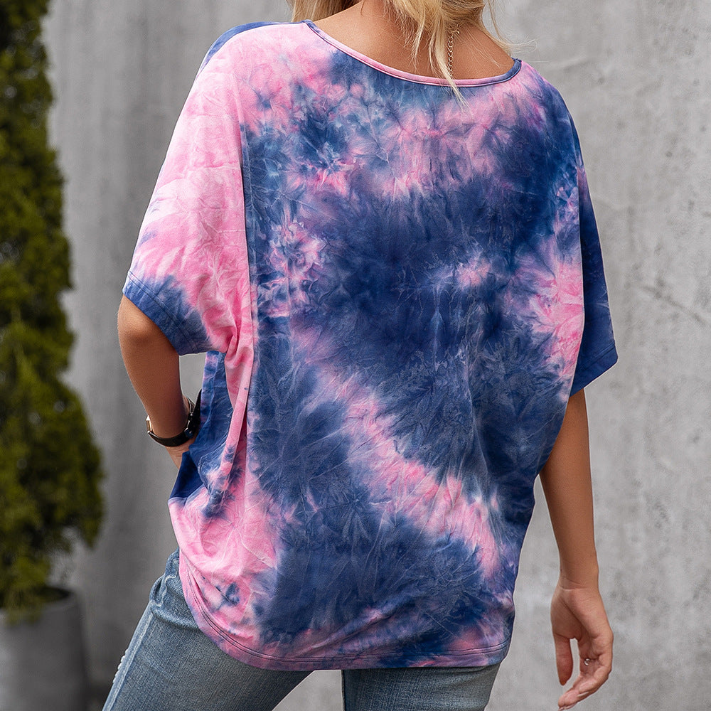 Casual Tie Dye Print Colorful Loose Round Neck Short Sleeve T-Shirt Women