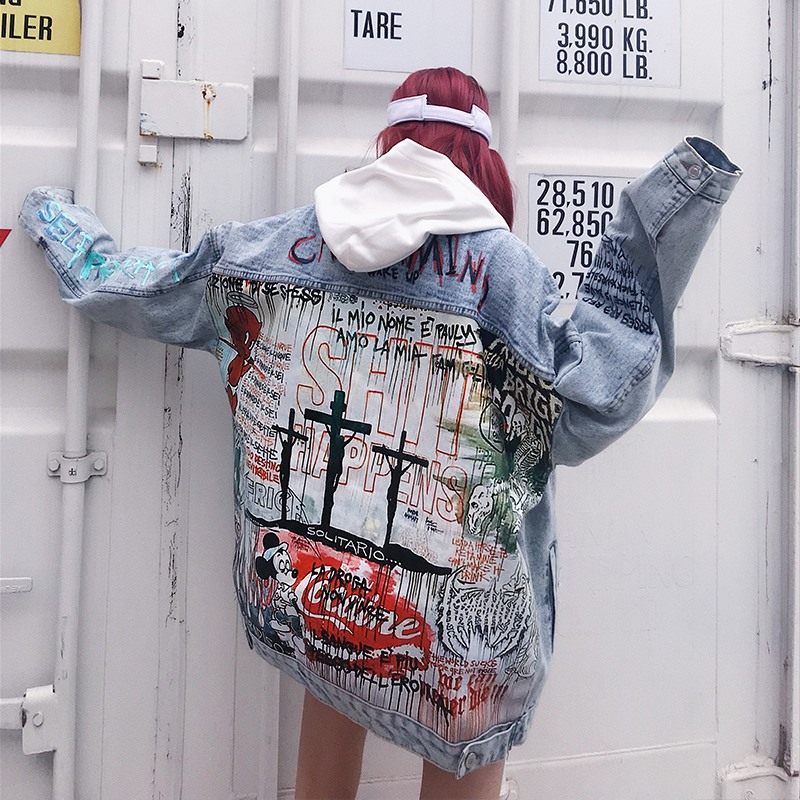 Graffiti-Painted Old Denim Jacket with Little Devil Design for Men and Women